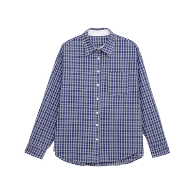 荒荒家拼色边格子衬衫2026春秋新款小众设计叠穿蓝格纹衬衣外套女