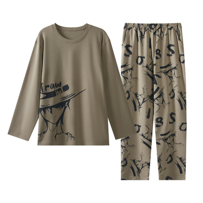 男士纯棉长袖睡衣套装秋冬季卡通印花圆领套头家居服青少年可外穿