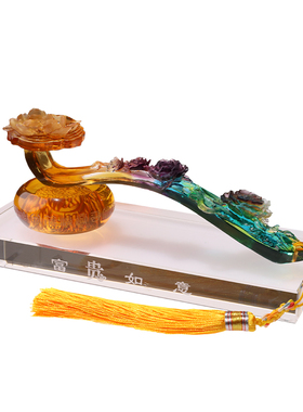 古东东事事如意牡丹花琉璃摆件