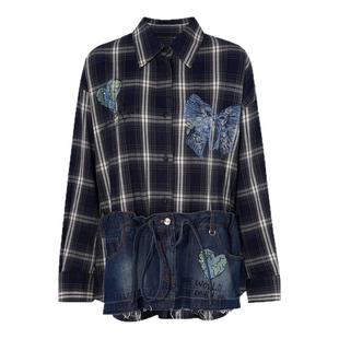 TCH私服烫钻潮牌街头宽松百搭格子牛仔拼接衬衫外套女T75C13E1027