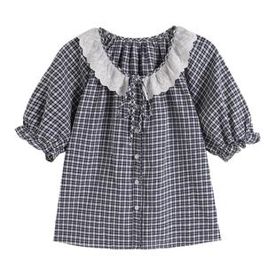 弥古法式格子蕾丝衬衫上衣女夏季娃娃衫设计感短袖宽松泡泡袖衬衣