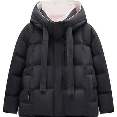 爱居兔立领连帽短款羽绒服女2025年冬季新款撞色龟背廓形保暖外套