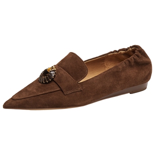 真美诗焦糖反应秋新款羊皮老钱风复古小皮鞋抽褶尖头乐福鞋女