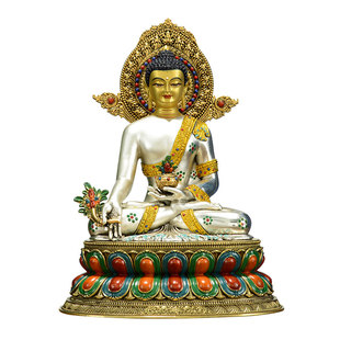 欧斯特彩绘鎏金鎏银《药师佛》室内家用《琉璃光如来》铜佛像摆件