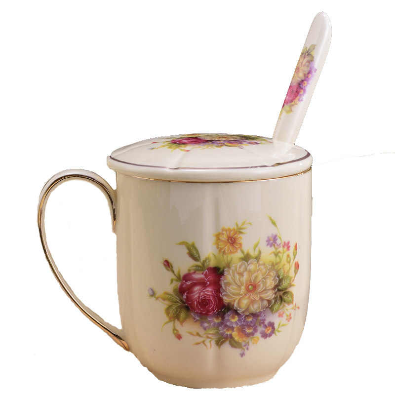欧式咖啡杯陶瓷带勺家用杯子中古宫廷欧式花茶轻奢咖啡杯喝水
