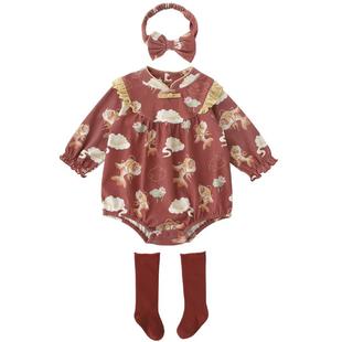 【3件套】百天宝宝衣服女宝红色连体衣秋季纯棉新生儿婴儿包屁衣