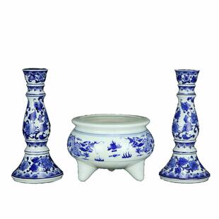 景德镇陶瓷青花瓷蜡烛台套装中式风格瓷器摆件三足香炉古典仿古