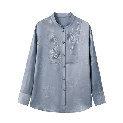 新中式国风立领桑蚕丝绣花衬衫