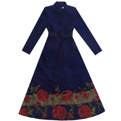 印花立领长款羊绒大衣毛呢外套