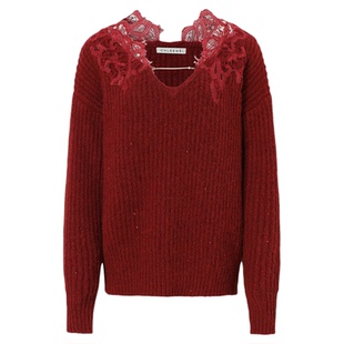 【郑秀文/慎婕同款】CNLEEWEI26早春V领毛衣肌理蕾丝拼接毛织上衣