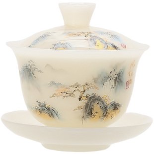 冰种璞玉瓷三才盖碗单个白瓷泡茶碗可悬停大号不烫手家用高档茶具