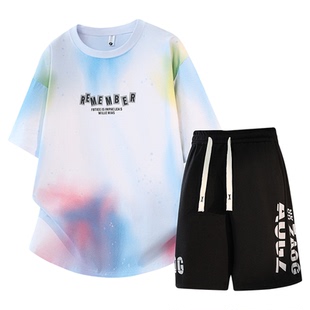 夏装潮流短袖t恤男孩新款初中学生青少年胖大童运动套装男装帅气