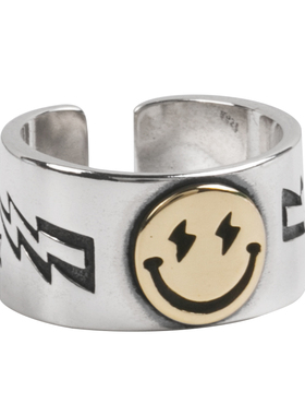 纯银日本潮牌宽面S925笑脸戒指