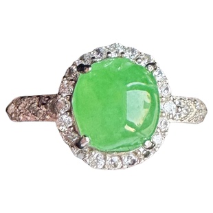 翡翠林别致独特无事牌翡翠戒指缅甸老坑冰种辣阳绿圆牌戒面S925银