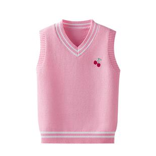 女童全棉背心薄2026春秋新款中大儿童加绒厚马甲V领套头坎肩毛衣