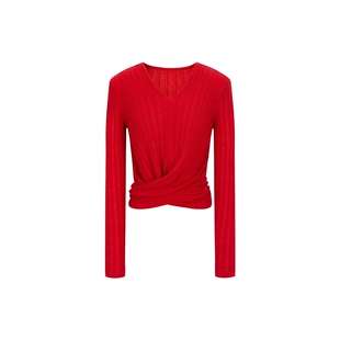 none 设计感红色V领针织衫女2026春新款前襟扭结收腰修身坑条毛衣