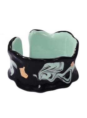 日式唐草纹黑色珐琅洒金复古戒指