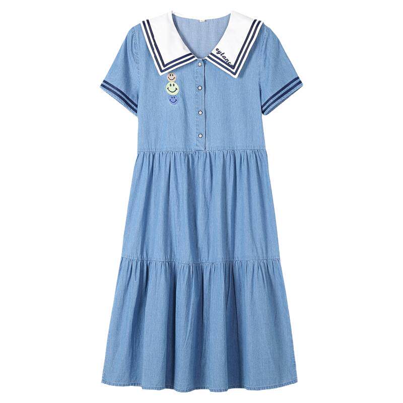 初中生海军领少女风牛仔连衣裙