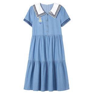 初中生牛仔连衣裙海军领大童13夏学院风宽松大码少女中学生长裙子