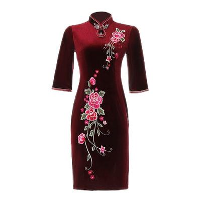 春秋新品中长袖复古风金丝绒旗袍