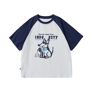 蓝汽水25夏季全棉针织撞色插肩短袖T恤趣味小狗字母印花卡通上衣