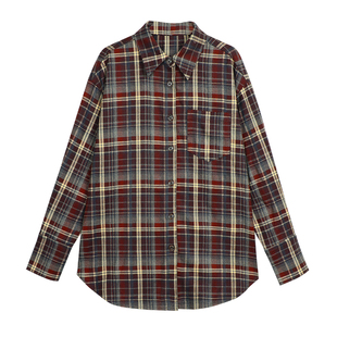 pusumede 复古演绎 经典翻领格子衬衫女宽松慵懒叠穿外搭通勤衬衣