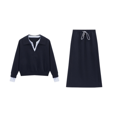 Basic House/百家好通勤两件套假两件翻领上衣抽绳半身裙套装女