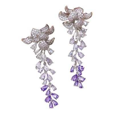 紫色藤蔓渐变立体银针耳饰