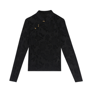 伊纳芙国风网纱植绒衬衫女秋冬新款高级气质修身长袖小衫百搭上衣