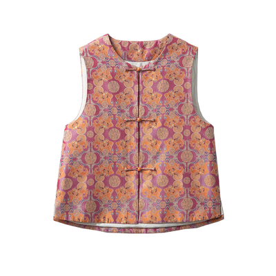 一丝牵100%桑蚕丝蜀锦国风盘扣真丝马甲女圆领无袖背心外穿上衣春