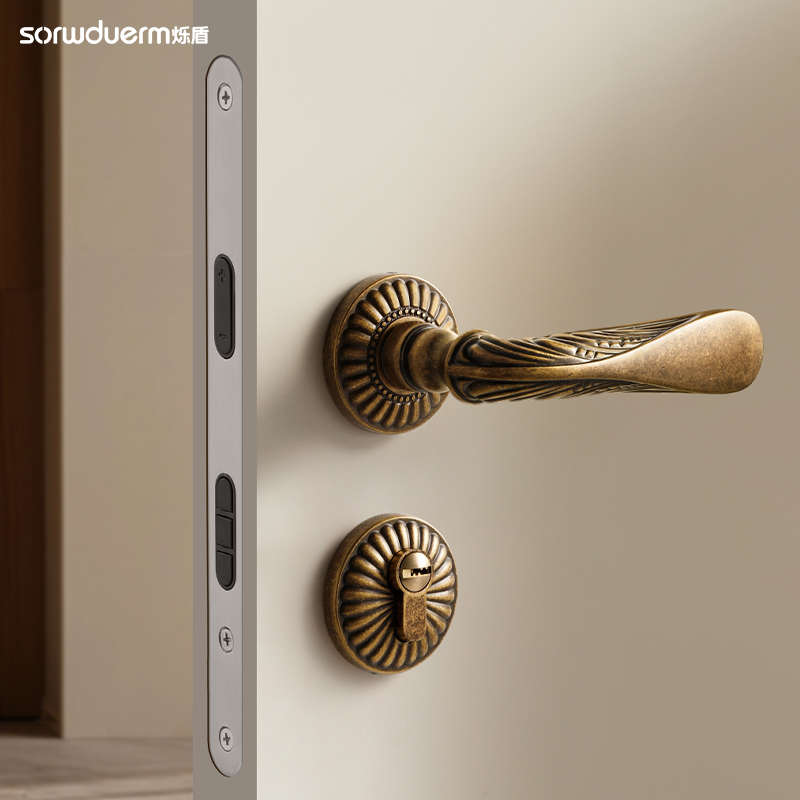 烁盾复古卧室门锁法式黄古铜室内门把手静音磁吸房门锁中古木门锁