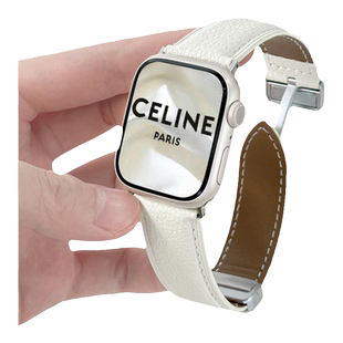 适用applewatchS11荔枝纹磁吸扣表带S8/9柔软小羊皮苹果手表表带iwatch7/6/5/4金属扣皮质表带质感复古小众女
