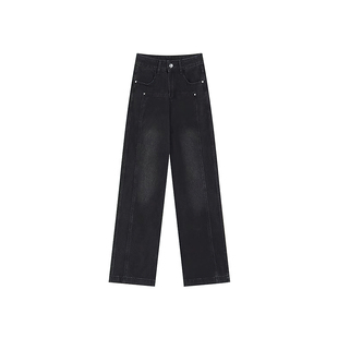 黑灰色直筒牛仔裤女秋冬加绒胖妹妹mm高腰宽松显瘦阔腿拖地长裤子