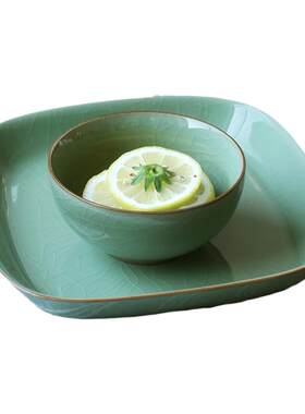 青瓷菜盘哥窑冰裂纹大众四方8英寸深盘