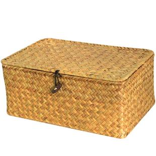 海草编织篮藤编竹编收纳筐长方形桌面厨房草编篮子储物盒带盖礼盒