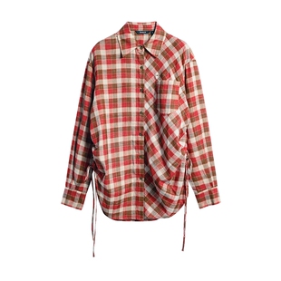 Desigual26春夏新品宽松格纹拼接长袖女式衬衫