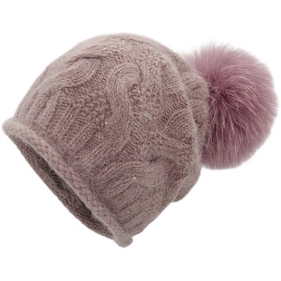 法国羊毛狐狸毛球帽子女秋冬保暖加厚麻花纹安哥拉兔毛针织毛线帽