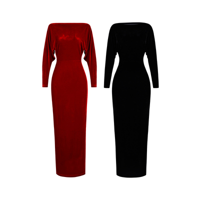 XULU原创秋冬轻奢黑色丝绒包臀裙优雅修身高腰一字领羊腿袖连衣裙