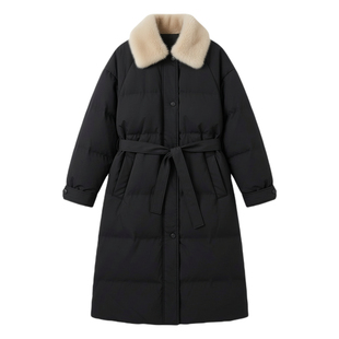 翻领羊羔毛领收腰白鸭绒羽绒服女装长款冬季新款外套风衣式派克服