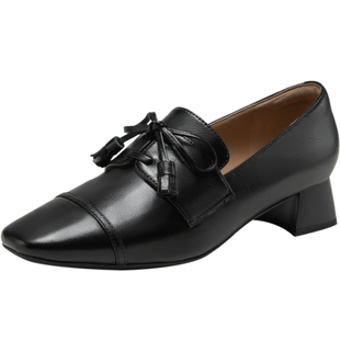 natursun小羊皮乐福鞋女方头粗跟鞋冬季深口小皮鞋英伦粗跟单鞋