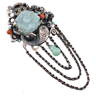 台湾工艺925纯银古银挂链吊坠复古做旧风格设计款翡翠项链女