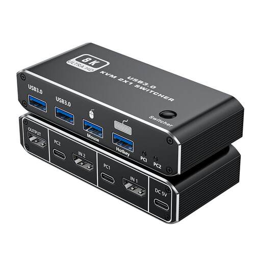 HDMI2.1版2进1出KVM切换器8K两台主机共用一套鼠标键盘显示器U盘打印机一键切换4K120HZ HDMI2进1出KVM切换器