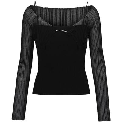 CALVINLUO  钩花胸针长袖针织两件套显瘦坑条肌理 新品 紫/黑色