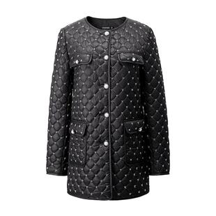 颜域中长款小香风棉服2025新款冬季外套女士优雅钉珠棉袄圆领棉衣