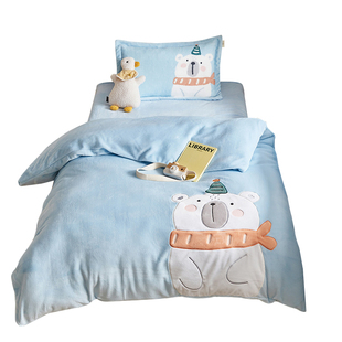 米苏卡通贴布绣牛奶绒被套儿童珊瑚绒被罩法兰绒幼儿园三件套学生