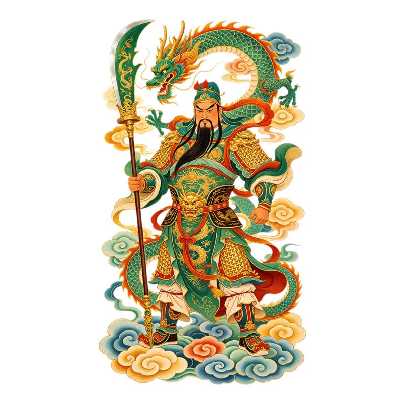 国潮彩绘关公墙贴青龙祥云威武门神吉祥传统国风装饰防水贴纸画