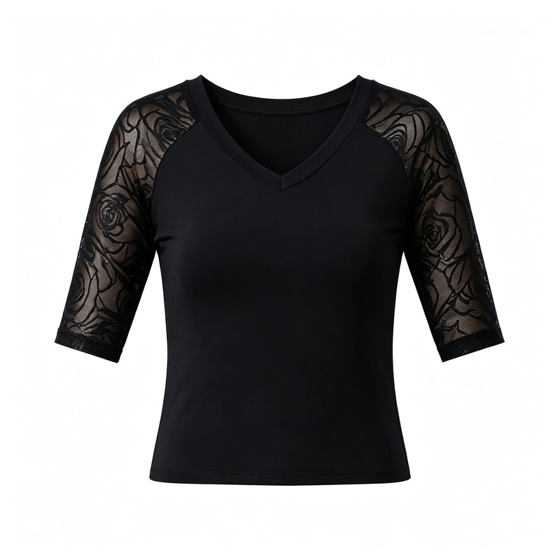 新款拉丁舞上衣V领蕾修身练功服