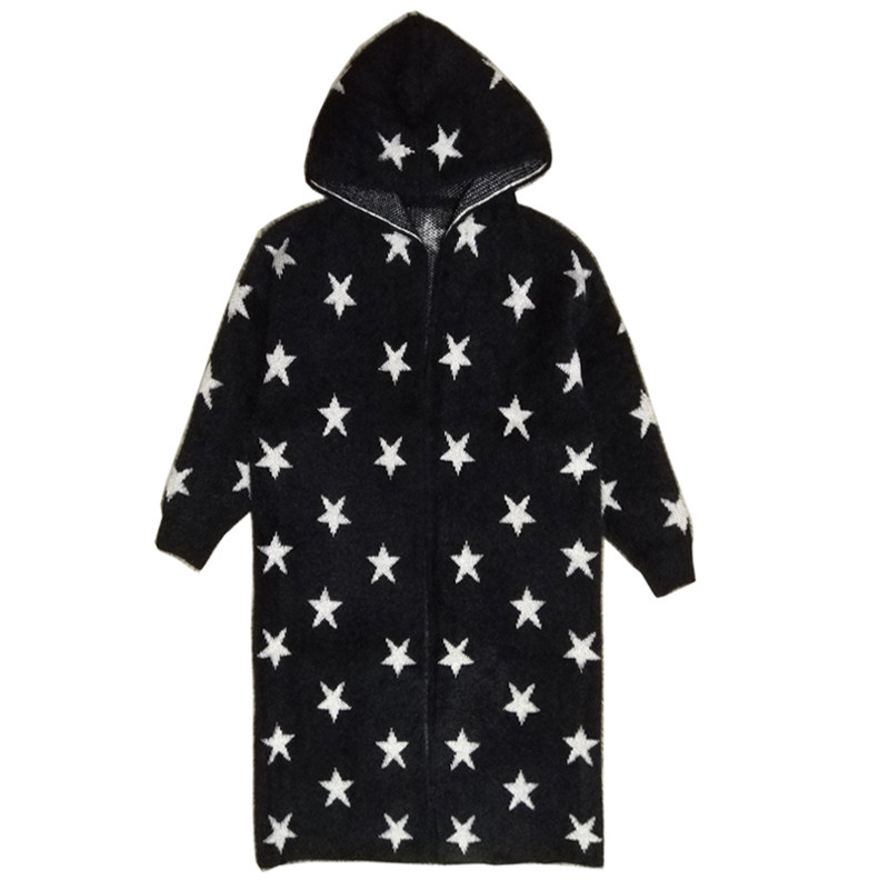 时尚潮款外套女加厚水貂绒连帽大衣宽松显瘦大牌开衫星星印花针织