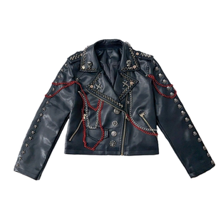 野涩猫*Y2K辣妹亚比文化朋克摇滚铆钉链条骷髅翻领男女潮PU皮外套