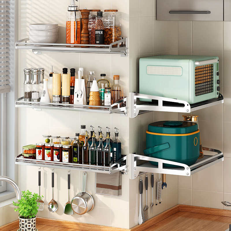 简约304不锈钢烤箱支架厨房45宽微波炉置物架挂架墙上打孔收纳架